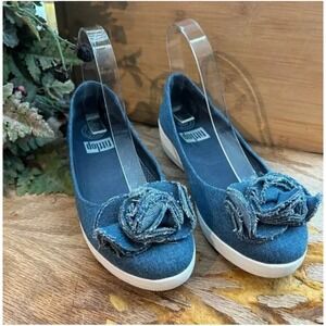 FitFlop Florrie Denim Ballet Flats Bow Comfort Shoes EU 37 US 6